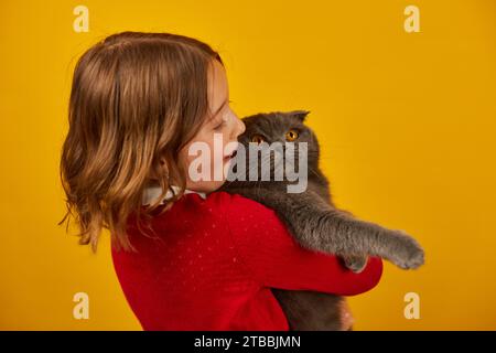 Porträt des schönen Teenager-Mädchens, das ihre graue, fette Katze umarmt Stockfoto