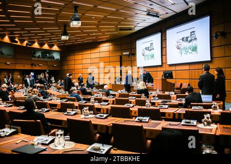 Wien, Österreich, Österreich. Dezember 2023. Konferenzraum vor einer verzögerten Sitzung der UNOV in Wien anlässlich des am 29. November eingetretenen Palästinafags, der Jahrestag der Verabschiedung der palästinensischen Teilung der Vereinten Nationen (VN) im Jahr 1978 begann.in diesem Jahr nahmen 140 Personen an der Veranstaltung Teil, die 52 ständige Missionen repräsentierten, 8 IGO/UNO-Gäste. (Kreditbild: © Bianca Otero/ZUMA Press Wire) NUR REDAKTIONELLE VERWENDUNG! Nicht für kommerzielle ZWECKE! Stockfoto