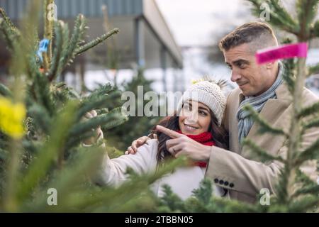 Ein glückliches Paar kauft auf dem Markt einen Weihnachtsbaum, importiert aus den nordischen Ländern. Ein Paar, das einen Baum auf einer Weihnachtsbaumfarm auswählt. Stockfoto