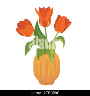 Rote Tulpen Vase in flachem Stil auf weißem Hintergrund. Frühlingsstrauß. Vektorgrafik. Stock Vektor