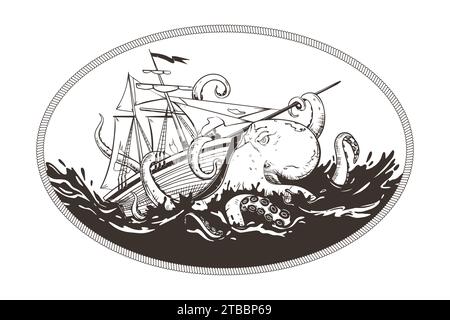 Oktopus Griff das Schiff an, Retro altes Schiff Vintage handgezeichnete Vektor Illustration realistische Skizze Stock Vektor