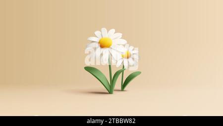 Niedliche Kamillenblüten oder Gänseblümchen am Stiel mit Blättern 3D-Illustration. Postkartengrafiken im Cartoon-Rendering-Stil Stock Vektor