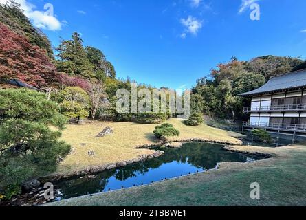 Ein Zen-Garten neben dem Hojo, der traditionell das Wohnquartier des Abtes des Kencho-JI-Tempels in Kamakura, Japan war. Stockfoto