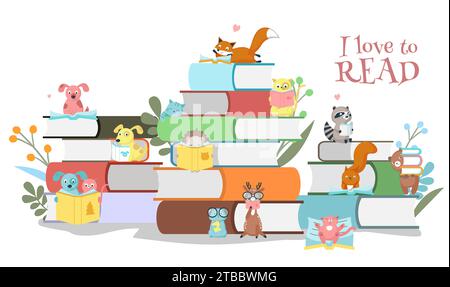 Ich liebe es, ein Poster mit niedlichen, kleinen Tieren und Lehrbüchern zu lesen Stock Vektor