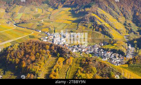 Weinberge im Herbst, Mayschoß mit Pfarrkirche, Ahrtaler Rotweinbaugebiet, Pinot Noir und portugiesischer Traubenrotwein werden hier angebaut, Eifel, Rhein Stockfoto