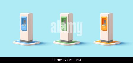 3D-Rendering-Cartoon-Geldautomat, realistischer Bildschirm und Schaltflächen, in verschiedenen Farben gesetzt, isoliert Stock Vektor