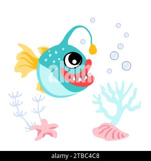 Süßer Seeteufel mit Bläschen, Seesternen und Muscheln unter Wasser. Vektor-Illustration des Meereslebecharakters Stock Vektor