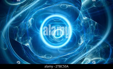 Blau leuchtende multidimensionale Kreisenergie im Raum, computergenerierter abstrakter Hintergrund, 3D-Rendering Stockfoto