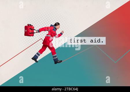 Kreatives Zeichensollagebild einer schönen jungen Frau, die schnelle Sanitäter-Profi-Medic-Zeitschrift Surrealismus Metapher läuft Stockfoto