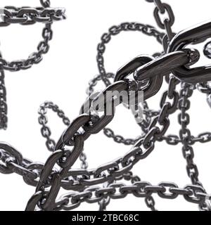Sich kreuzende 3D-Chrom-Metallketten, die in der Luft wirbeln Stockfoto