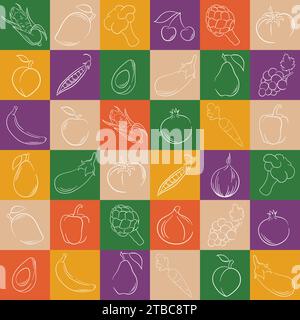 Geometrisches, nahtloses Muster für Obst und Gemüse im Line Art-Stil. Natürliches Bio-Lebensmittel Hintergrund kreatives Design. Vektorabbildung. Stock Vektor