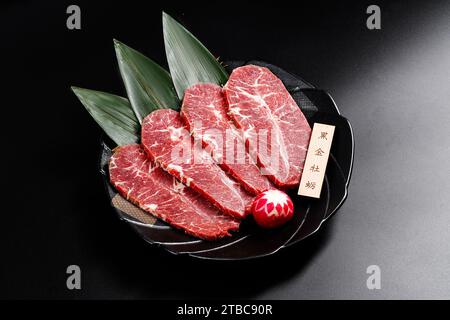Chuck Eye (Misuji) Japanisches Rindfleisch für japanisches bbq oder Korea bbq。Translate： 黑金牡蛎”bedeutet Speisenname Stockfoto