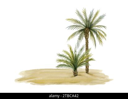 Palmen auf Strand Sandlandschaft Aquarellvorlage. Handgezeichneter Sommerurlaub auf der einsamen Insel Stockfoto
