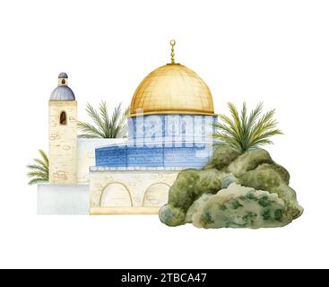 Kuppel des Felsens in der Altstadt von Jerusalem mit Palmen Landschaft Aquarell Illustration. Tempelberg in Israel Stockfoto