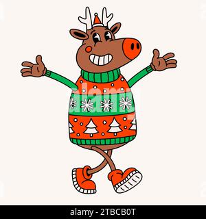 Lustiges Cartoon-Rentier im Retro-Stil. Groovige Vintage-Hirschfigur aus den 70er Jahren mit Weihnachtsmütze und hässlichem weihnachtspullover. Stock Vektor
