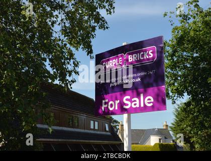 Schild mit violetten Ziegeln zum Verkauf auf weißem Pfosten in Schottland, Großbritannien Stockfoto