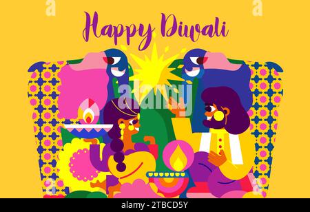 Tauchen Sie ein in die Feier von Diwali mit dieser modernen Illustration! Ein fröhliches indisches Paar, ein Elefant und ein Meer von ​​lights. Stock Vektor