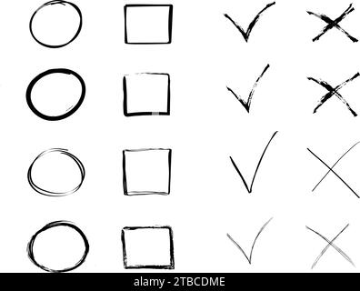 Kreuzen Sie Häkchen. Handgezeichnetes Kontrollkästchen, Prüfzeichen und Prüflistenmarkierungen. Stock Vektor
