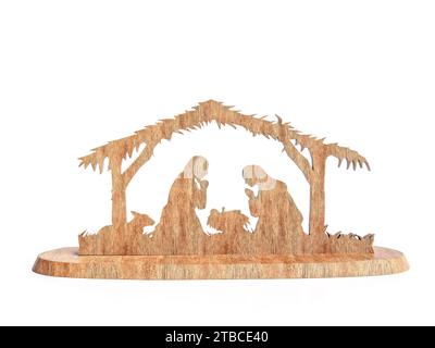 3D-Wiedergabe der einheimischen Weihnachtsszene aus Holz auf weißem Hintergrund Stockfoto