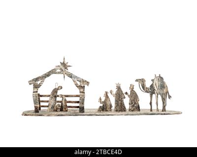 3D-Wiedergabe der einheimischen Weihnachtsszene aus Holz auf weißem Hintergrund Stockfoto