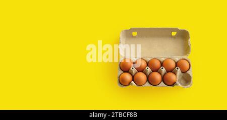 Rustikale, braune Hühnereier aus biologischem Anbau in einer offenen, nachhaltigen Kartonschale (Box) auf einem hellen, monochromen gelben Hintergrund. Verspieltes festliches Bild Stockfoto