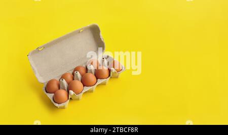 Rustikale, braune Hühnereier aus biologischem Anbau in einer offenen, nachhaltigen Kartonschale (Box) auf einem hellen, monochromen gelben Hintergrund. Verspieltes festliches Bild Stockfoto