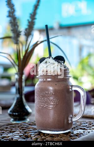 Ein Porträt von einem leckeren Schokoladen-Milchshake mit Schlagsahne und Keksen Stockfoto