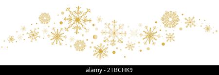 Welle goldene Schneeflocke Swirl Winter Schnee Grenze Eis Dekoration isoliert auf weißem Hintergrund. Weihnachtskristall, Kurvenform, magisches Ornament. Vektorabbildung Stock Vektor