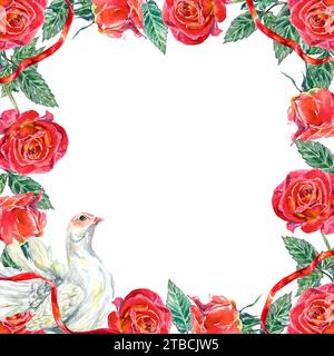 Quadratischer Rahmen aus roten Rosen, Bändern und Tauben. Aquarellabbildung isoliert auf weißem Hintergrund. Grußkarten, Hochzeitseinladungen, Valentinstag Stockfoto