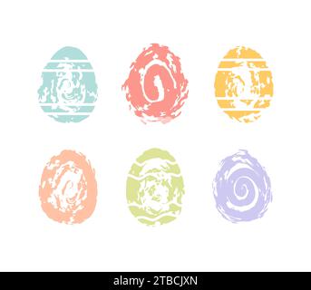 Set aus bunten Osterschokoladeneiern im abstrakten Stil. Grunge-Texturen. Für Aufkleber, Poster, Karten, Designelemente. Stock Vektor
