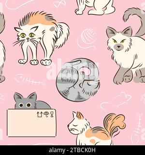 Nahtloses rosafarbenes Muster von Katzen in verschiedenen Posen im Skizzenstil. Fette, süße Katzen-Lifestyle. Haustiere. Die Katze zischt, schläft, versteckt sich im Kasten, geht. Stock Vektor