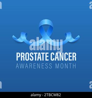 Prostatakrebs-Banner, Karte, Plakat mit realistischem blauem Band des Vektors 3d auf blauem Hintergrund. Prostatakrebs Awareness Month Symbol Closeup Stock Vektor