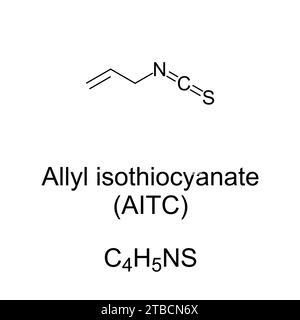 Allylisothiocyanat, chemische Formel. Verantwortlich für den stechenden Geschmack und die lachrymatorische Wirkung von Senf, Rettich, Meerrettich und Wasabi. Stockfoto