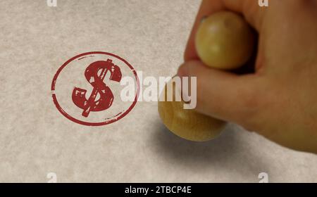 Dollarsymbolstempel und Stempelhand. USD american Money USA Sign Konzept. Stockfoto