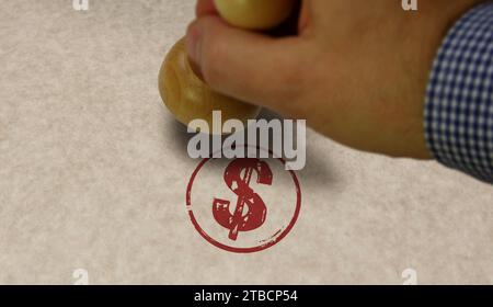 Dollarsymbolstempel und Stempelhand. USD american Money USA Sign Konzept. Stockfoto