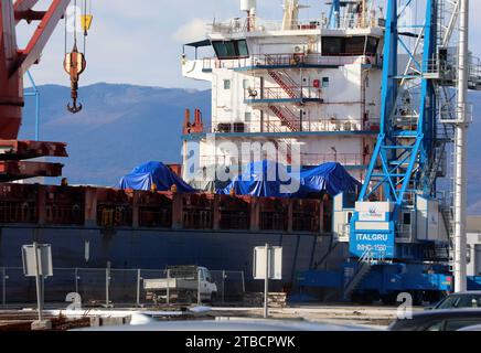 Rijeka, Kroatien. Dezember 2023. Bradley Kampffahrzeuge kamen mit dem Schiff Ocean Freedom am 6. Dezember 2023 im Hafen von Rijeka an. Kroatien kauft 89 Bradley M2A2 Infanterie Kampffahrzeuge im Wert von 196,4 Millionen US-Dollar. Foto: Goran Kovacic/PIXSELL Credit: Pixsell/Alamy Live News Stockfoto