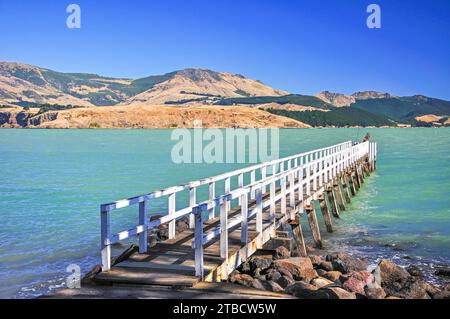 Holzsteg, Rapaki, Lyttelton Harbour, der Bank Halbinsel, Region Canterbury, Südinsel, Neuseeland Stockfoto