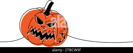 Halloween Kürbis Gruselgesicht eine Linie farbige kontinuierliche Zeichnung. Halloween-Kürbis mit unheimlichem Gesicht durchgehende 1-zeilige Illustration. Stock Vektor