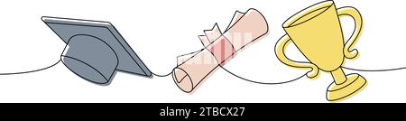 Schulaccessoires. Zurück zur Schule, eine Linie. Abschlusskappe, gefaltetes Diplom, Zertifikat, Trophäenbecher, durchgehende einzeilige Illustration des Preises. Stock Vektor