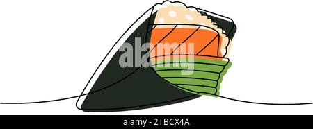Sake-Handrolle, einzeilige durchgehende Zeichnung. Japanische Küche, traditionelles Essen durchgehende einzeilige Illustration. Vektorabbildung. Stock Vektor