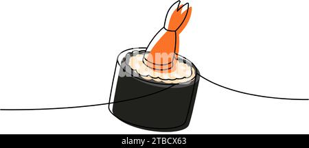 Shrimps Sushi-Rolle, einzeilige, durchgehende Zeichnung. Japanische Küche, traditionelles Essen durchgehende einzeilige Illustration. Vektorabbildung. Stock Vektor