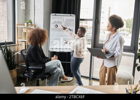 Kurvige afroamerikanische Geschäftsfrau, die auf Flipchart in der Nähe eines multiethnischen Teams im Amt zeigt Stockfoto