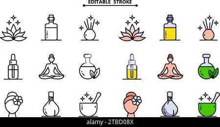Ayurveda-Symbole gesetzt. Bearbeitbare Kontur. Umrisse Piktogramm Vektor Illustration, Aromatherapie, ayurvedische Sammlung mit Symbolen der gesunden Alternative ME Stock Vektor