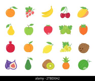 Obstflacher Symbolsatz. Orangen-Johannisbeere-Banane, Kirsch-Mangobrüne, Apfel-Erdbeere-Stachelbeere, Persimmon-Granatapfel-Aprikose, Pfirsich-Zitronentrauben, Kokosnussfeige Avocado, Kiwi Ananas Wassermelone auf weiß Stock Vektor