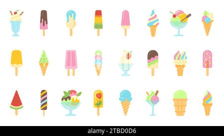 Symbole für Eiscremeflaches Set. Zeichentrick-Web-Schild-Kit mit Eiscreme. Waffelkegel Eisbecher farbenfrohe Ikone. Sommer süßes kaltes Obst Essen Lolly Dessert. Eis mit verschiedenen Geschmacksrichtungen farbenfrohe Schokoladenverglasung Stock Vektor