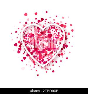 Linienrahmen 3D-Herzform mit Glitzerrosa und roten Herzblütenpartikeln auf Hintergrund. Romantisches Liebessymbol. Valentinskarte. Hochzeitseinladung. Website-Banner, Designelement mit Konfetti Stock Vektor