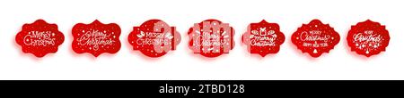 Rote Papieretiketten Merry Christmas and Happy New Year auf weißem Hintergrund. 3D-Tags mit Begrüßungstext. Glückwunschaufkleber. Verzieren Sie elegante Badge-Vorlagen. Set aus viktorianischen Rahmenformen im Vintage-Stil Stock Vektor