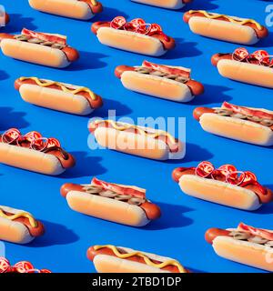 Verschiedene Gourmet Hot Dogs mit Belägen vor einem Hintergrund in leuchtendem Blau Stockfoto