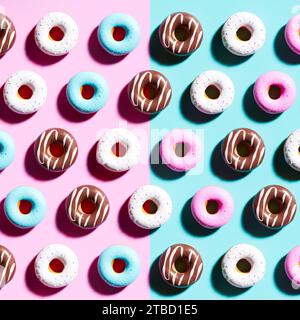 Exquisite Auswahl an mattierten Donuts auf halb rosa, halb blauem Hintergrund Stockfoto