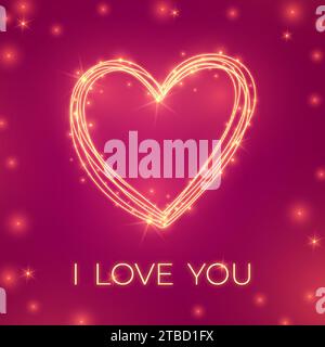 Goldener Glanz Licht Herzform Feuerwerk Glitzer Glitzer Rahmen. Hochzeitsschmuck mit goldenen Linien in Neon. Ich liebe dich romantisches trendiges Banner. Grußkarte zum Valentinstag Stock Vektor